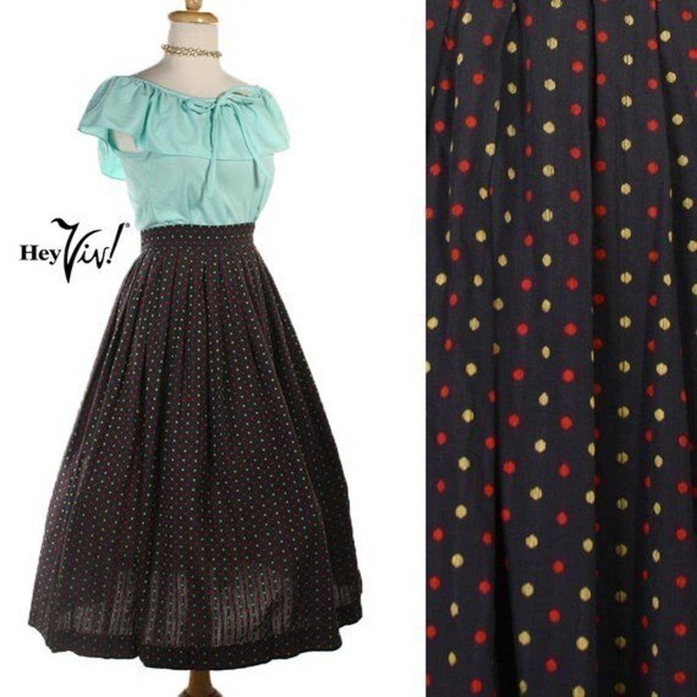 Vintage 50s Full Skirt Black Cotton Woven Dot Pattern Metal Zipper W24" -Hey Viv
